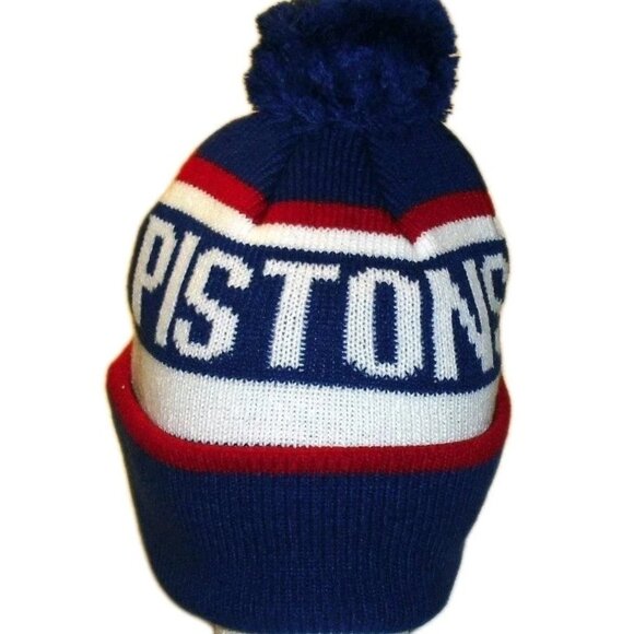 Detroit Pistons Mens Beanie Pom Winter Hat Cap Cuffed Cuff Blue New Tags Nba - Picture 2 of 2